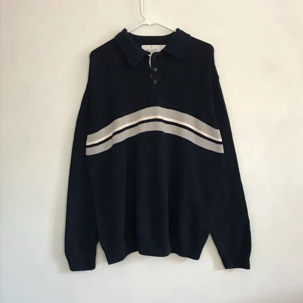 Vintage Bill Blass Menswear XXL Striped Navy Blue Knit Sweater Collared